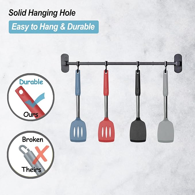 2 Pack Spatulas, Solid & Slotted Silicone Spatula Set, Stainless Steel Handle Coated with Silicone, Non Stick, Heat Resistant Rubber Flipper for Fish, Eggs, Pancakes, WOK, Starry Blue - Image 4