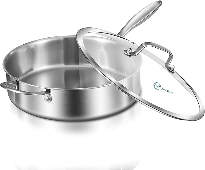 LOLYKITCH 10 Inch Tri-Ply Stainless Steel Sauté Pan with Lid,3 QT Deep Frying Pan,Small Skillet,Jumbo Cooker,Induction Cooking Pan,Dishwasher and Oven Safe,Detachable Handle by LolyKitch