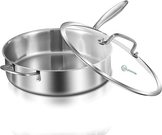 LOLYKITCH 10 Inch Tri-Ply Stainless Steel Sauté Pan with Lid,3 QT Deep Frying Pan,Small Skillet,Jumbo Cooker,Induction Cooking Pan,Dishwasher and Oven Safe,Detachable Handle by LolyKitch