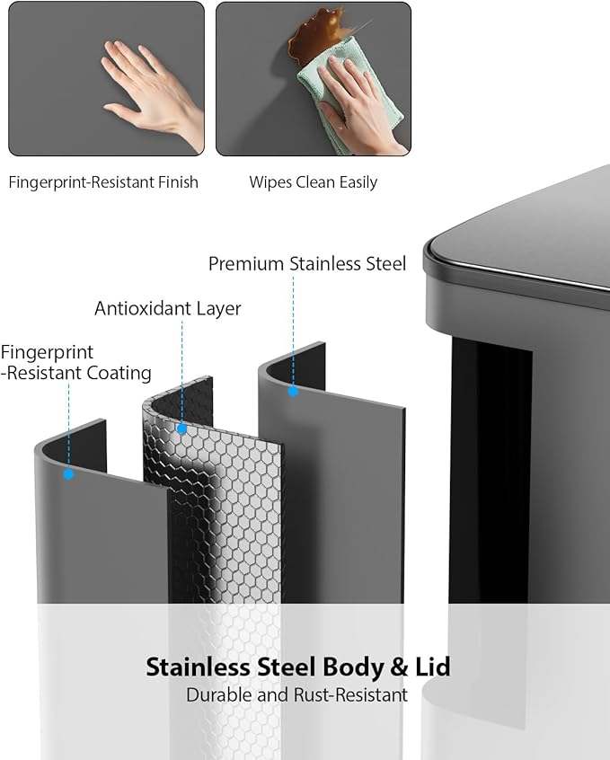 Lovewind Dual Trash and Recycling Bins for Kitchen, 2 * 11-Gallon Stainless Steel Double Trash Can, Step-On Garbage and Recycle Combo, Quiet Close, Pet-Proof, Compatible with 13-Gallon Bags, Grey - Image 4