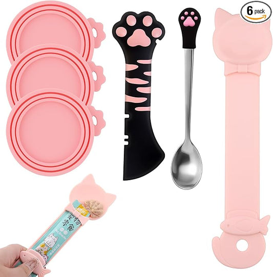 6 PCS Cat Food Can Covers Set, Reusable Silicone Can Lids with Opener, Stainless Steel Wet Food Spoon & Cat Treat Squeezer for Pet Feeding and Storage, Fits Cats & Dogs (Black Pink)