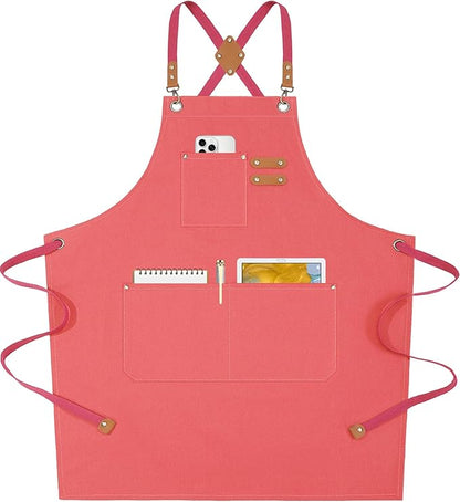 AFUN Chef Aprons for Women Men with Oversized Pockets, 12-Ounce Cotton Canvas Cross Back Water Repellent Apron (Pink) by BringYouaFun