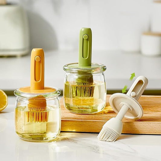 Retractable Oil Brush Dispenser, 2-in-1 Glass Olive Oil Bottle with Silicone Basting Brush — Adjustable Telescopic Design for Cooking, BBQ, and Baking (White/Green/Yellow) (YELLOW)