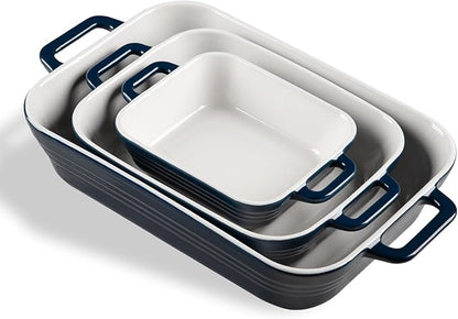 Sweejar Relief Casserole Dishes for Oven, Ceramic 9x13 Baking Pans Set for Cooking, Cake, Banquet and Daily Use, Rectangular Bakeware Set, Porcelain Baking Dish, Lasagna Pan Deep with Handles(Navy) by Sweejarco1949