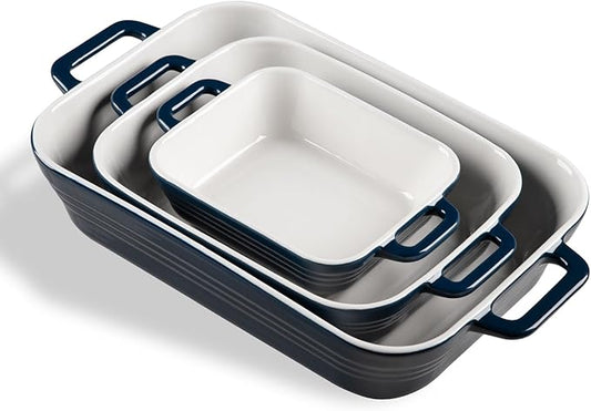 Sweejar Relief Casserole Dishes for Oven, Ceramic 9x13 Baking Pans Set for Cooking, Cake, Banquet and Daily Use, Rectangular Bakeware Set, Porcelain Baking Dish, Lasagna Pan Deep with Handles(Navy) by Sweejarco1949