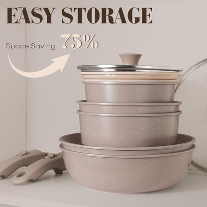 SODAY 15Pcs Pots and Pans Set Non Stick, Cookware Sets with Detachable Handle, Nonstick RV Kitchen Cooking Tools Removable Handles, Oven Safe, Induction Fast, Stackable Induction Cookware, Brown