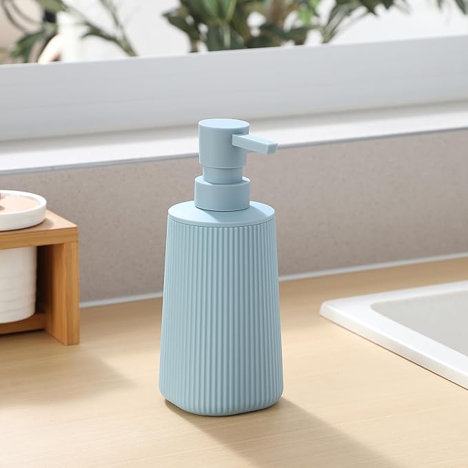 Small Soap Dispenser for Bathroom and Kitchen, Modern Farmhouse Striped Style Plastic Hand Soap Dish Soap Dispenser with Pump Light Blue - Image 5