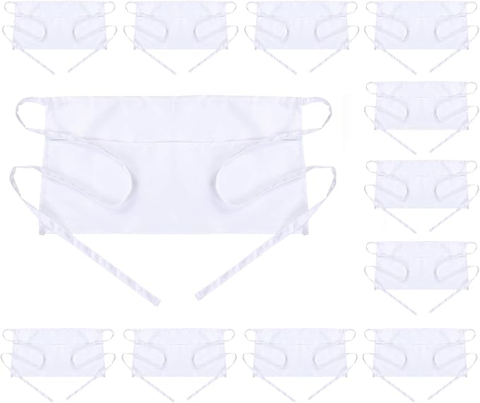 BOHARERS Waist Apron with 3 Pockets 12 Pack - White Waitress Server Short Apron by BOHARERS