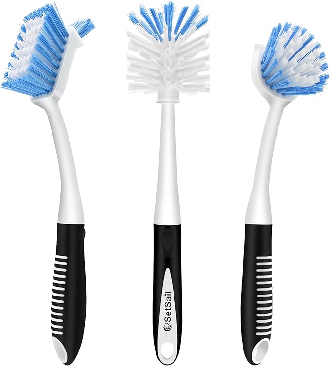 SetSail Dish Brush Set of 3 with Bottle Brush, Dish Scrub Brush with Long Handle Deep Cleaning Handle Brush with Scraper Tip for Kitchen Sink Dishes Bottle Cup Pot and Pans Tile Lines, Black Blue by SetSail