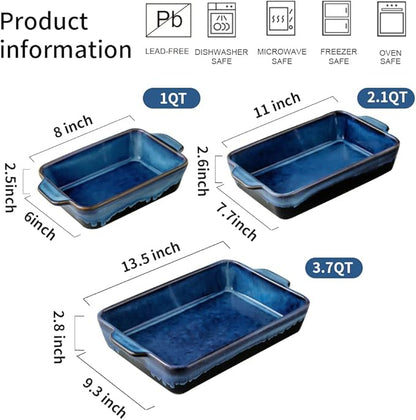 KOOV Bakeware Set, Ceramic Baking Dish, Rectangular Casserole Dish, Lasagna Pan, Baking Pans for Cooking, Cake Dinner, Kitchen, 9 x 13 Inches, Reactive Glaze 3-Piece (Nebula Blue) - Image 3