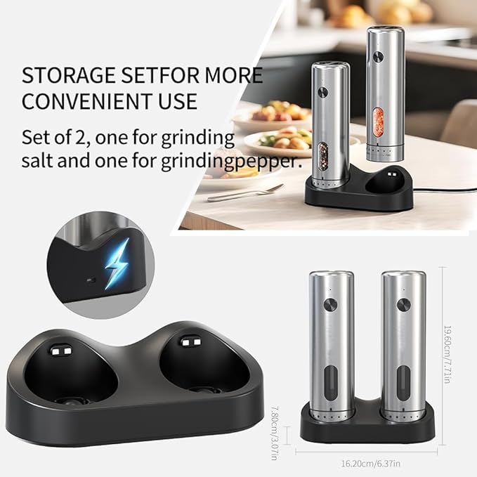 Upgraded Larger 110ml CapacityElectric Salt & Pepper Grinder Set of 2 with LED Light,6 Adjustable Coarseness,Stainless Steel with USB C Charging Dual Rechargeable Base for Women &Men