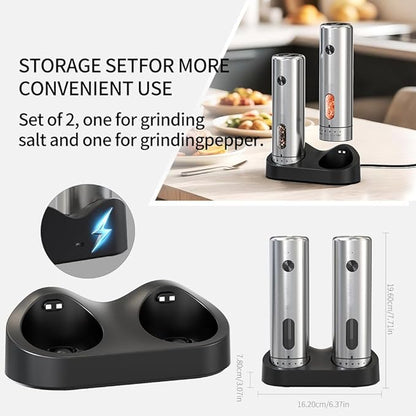 Upgraded Larger 110ml CapacityElectric Salt & Pepper Grinder Set of 2 with LED Light,6 Adjustable Coarseness,Stainless Steel with USB C Charging Dual Rechargeable Base for Women &Men