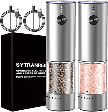 Rechargeable Electric Salt and Pepper Grinder Set, Upgraded Larger Capacity,Premium Stainless Steel Automatic Pepper Salt Mill Grinder Set with LED Light, 6 Adjustable Coarseness