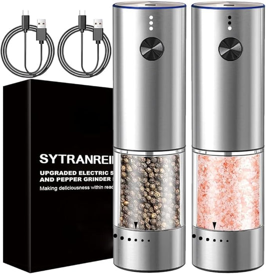Rechargeable Electric Salt and Pepper Grinder Set, Upgraded Larger Capacity,Premium Stainless Steel Automatic Pepper Salt Mill Grinder Set with LED Light, 6 Adjustable Coarseness