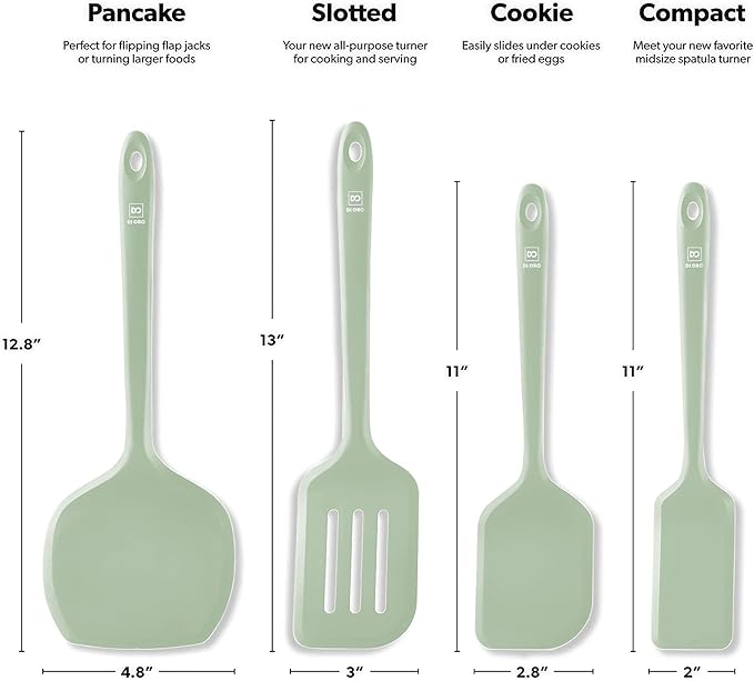 New DI ORO Silicone Turner Spatula Set - Kitchen Spatulas for Nonstick Cookware - Cooking Utensils for Flipping Eggs & Pancakes - 600°F Heat-Resistant BPA Free Turners - Dishwasher Safe (4pc, Sage) - Image 5