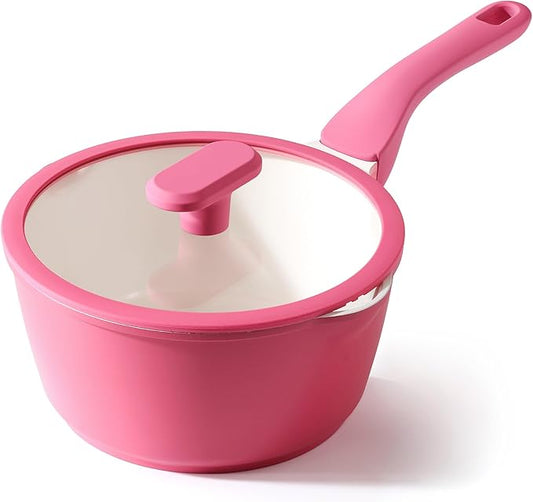 PRICUSIS Nonstick Saucepan with Lid, 2.7 Quart Non Toxic Pot with Pour Spouts, Full Coated, 100% Dishwasher Safe, Induction Compatible & Oven Safe, PTFE, PFOA & PFAS Free, Raspberry Red by PRICUSIS