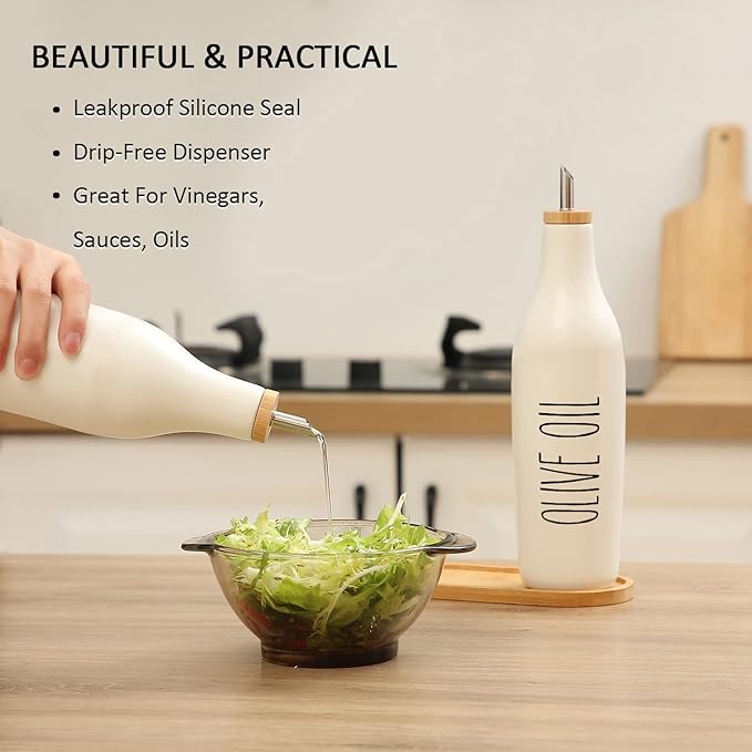 HOMCDALY Ceramic Olive Oil Dispenser for Kitchen, Stoneware 16oz Oil Cruet and Vinegar Bottles Dispenser, Kitchen Dispenser Bottle for EVOO Vinegar Syrups, Modern Farmhouse Design(W-O) - Image 4