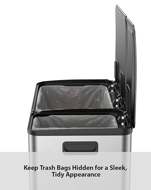 Lovewind Double Trash Can Kitchen, 13+5.5 Gallon Stainless Steel Dual Trash and Recycle Bin Combo with Silent Close Lid, Heavy-Duty Foot Pedal, Easy to Clean Garbage Can for Large Families, Silver