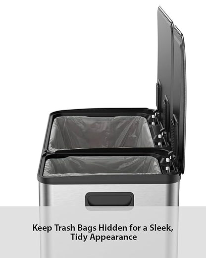 Lovewind Double Trash Can Kitchen, 13+5.5 Gallon Stainless Steel Dual Trash and Recycle Bin Combo with Silent Close Lid, Heavy-Duty Foot Pedal, Easy to Clean Garbage Can for Large Families, Silver