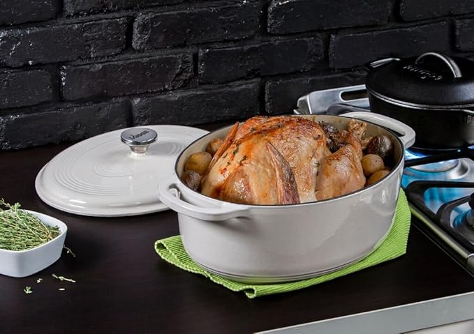 Lodge 7 Quart Enameled Cast Iron Oval Dutch Oven with Lid – Dual Handles – Oven Safe up to 500° F or on Stovetop - Use to Marinate, Cook, Bake, Refrigerate and Serve – Oyster White - Image 4