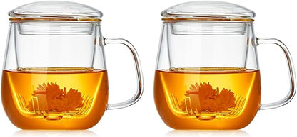 DOPUDO Glass Teacups 2 Pack Glass Tea Cup with Infuser and Lid, 17.6oz/520ml Large Borosilicate Teacup,Tea Clear Mug Cup for Loose Leaf Blooming Tea, Microwave & Dishwasher Safe. by DOPUDO