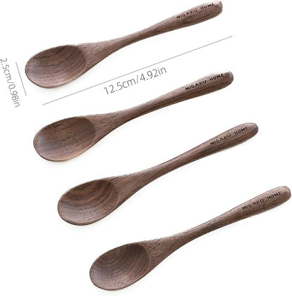 4 Pcs Small Black Walnut Wood Spoons for Eating Ice Cream, Desserts, honey, Coffee & More, Premium Wooden Spoons Set, Japanese Style Kitchenware