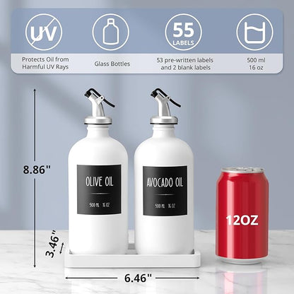 Olive Oil Dispenser Bottle for Kitchen, 16oz Glass Oil and Vinegar Dispenser Set with Wood Tray & 54 Labels - White Cooking Oil Bottles for Kitchen - Coffee Syrup Dispenser - Set of 2 - Image 2