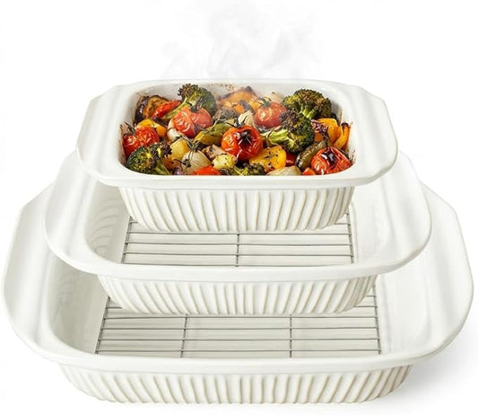 Artena Casserole Dishes For Oven, Ceramic Baking Dish, Large Lasagna Pan With Handles, Baking Pan Casserole Dish, Rectangular Bakeware Deep, White, Set Of 3 (5.1Qt/2.3Qt/1.1Qt) (Baking Dish With Rack) by Artena