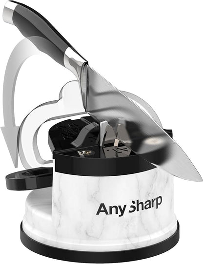AnySharp – Editions – Hands Free Knife Sharpener - Easy to Use Sharpening Tool w/PowerGrip Suction Base and 20-Degree Pre-Set Angle - for All Knives: Chef's, Serrated, Hardened Steel - White Marble - Image 4