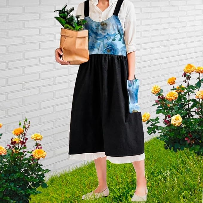 Uaussi Cotton Linen Apron Cross Back Work Apron for Women with Pockets Pinafore Dress X Cross Halter Apron for Chef Gardening - Image 5