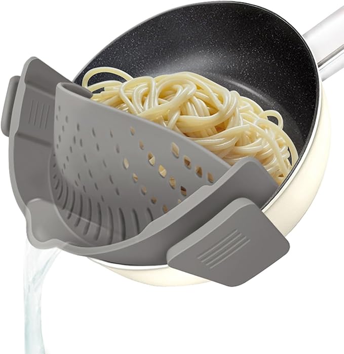 YEVIOR Clip on Strainer for All Pots Pan,Silicone Pasta Strainer Kitchen Gadgets,Collapsible Colander for Noodle,Vegetables,Fruit,Spaghetti (Grey) by YEVIOR