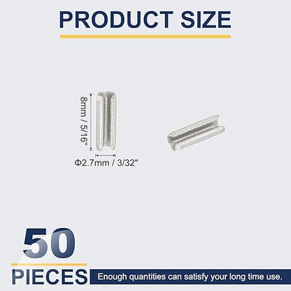 PATIKIL Slotted Spring Pin, 50 Pcs 3/32" x 5/16" (2.7mm x 8mm) 304 Stainless Steel Split Roll Pins Spring Dowel for Home Improvement Automotive Machine Repair, Silver