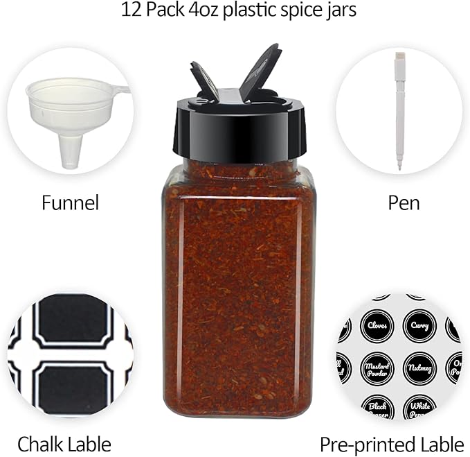 12 Pack 4oz Clear Plastic Spice Jars With Black Plastic Lids, Square Spice Bottles, Seasoning Containers with Chalk Labels, Pen, Funnel, Spice Containers For Kitchen Cabinet - Image 5