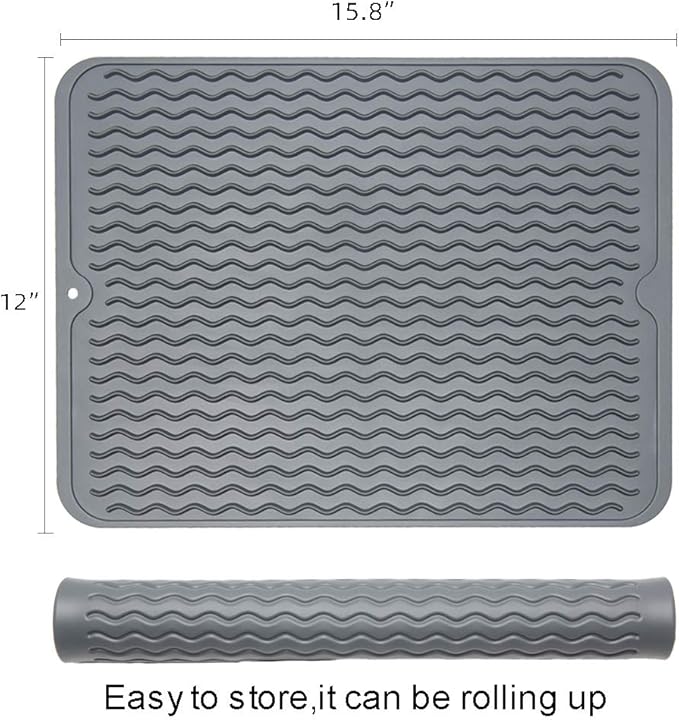 ZLR 2 Pcs Silicone Dish Drying Mat & Heat Resistant Trivet (12" x 16") - Waterproof Counter Protector for Coffee Maker - Non-Slip, BPA Free Kitchen Pad, Easy Clean Dishwasher Safe (Dark Gray) - Image 2