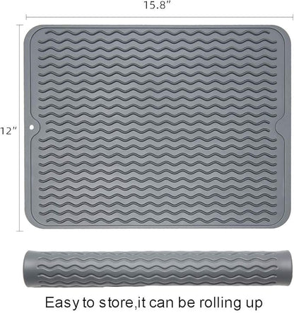 ZLR 2 Pcs Silicone Dish Drying Mat & Heat Resistant Trivet (12" x 16") - Waterproof Counter Protector for Coffee Maker - Non-Slip, BPA Free Kitchen Pad, Easy Clean Dishwasher Safe (Dark Gray) - Image 2