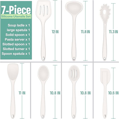 E-far Silicone Cooking Utensils Set, 7-Piece White Heat Resistant Kitchen Utensils Set, Kitchen Nonstick Tools Spatula Ladle Spoon Pasta Server for Non-stick Cookware, Non-Toxic & Dishwasher safe - Image 5