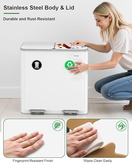 Lovewind 2×11.5 Gallon Dual Trash Can, Stainless Steel Dual Garbage and Recycling Can with Foot Pedal, 90° Stay-Open Lid, Pet-Proof Design – Large Dual Compartment Trash Recycling Bins Kitchen, White