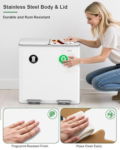 Lovewind 2×11.5 Gallon Dual Trash Can, Stainless Steel Dual Garbage and Recycling Can with Foot Pedal, 90° Stay-Open Lid, Pet-Proof Design – Large Dual Compartment Trash Recycling Bins Kitchen, White