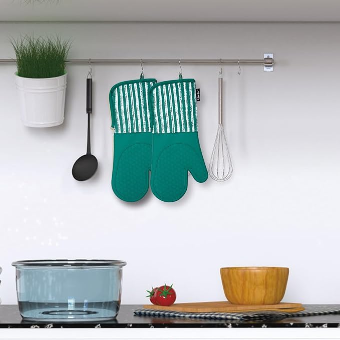 Alselo Silicone Oven Mitts Heat Resistant 932℉ with Waterproof & Non-Slip Kitchen Mittens, Set of 2 Extra Long Oven Gloves with Soft Cotton Terry Lining for Baking Cooking Barbecue (Emerald Green, 2) - Image 8
