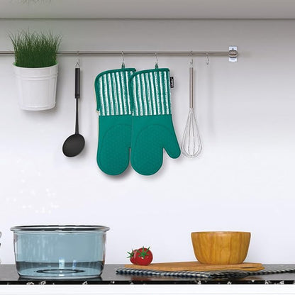 Alselo Silicone Oven Mitts Heat Resistant 932℉ with Waterproof & Non-Slip Kitchen Mittens, Set of 2 Extra Long Oven Gloves with Soft Cotton Terry Lining for Baking Cooking Barbecue (Emerald Green, 2) - Image 8