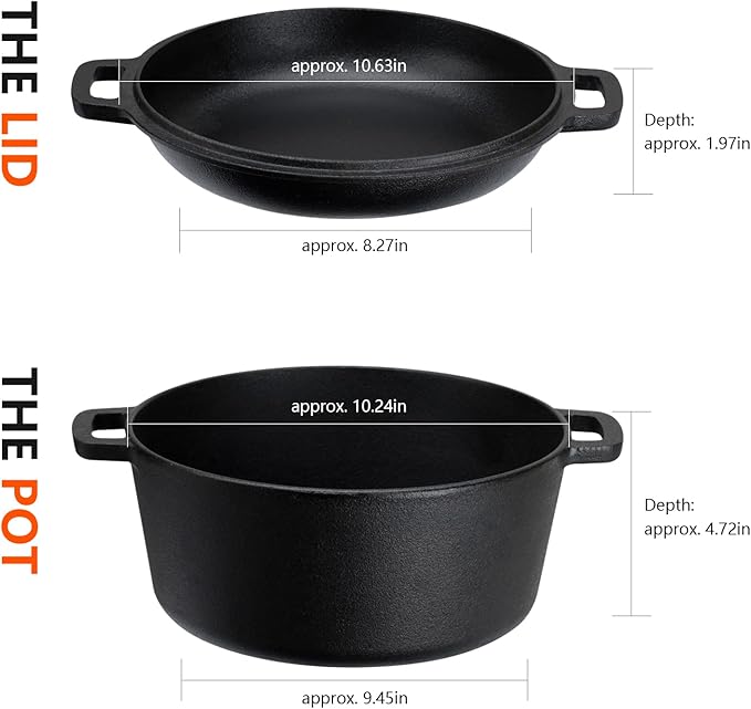 Overmont 2-in-1 Cast Iron Dutch Oven - 5QT Pre-Seasoned All-in-One Casserole Braising Pan with Skillet Lid Cookbook & Silicone Handle Covers - Heavy Duty Oven-Safe Pot for Bread Baking Frying Camping - Image 4