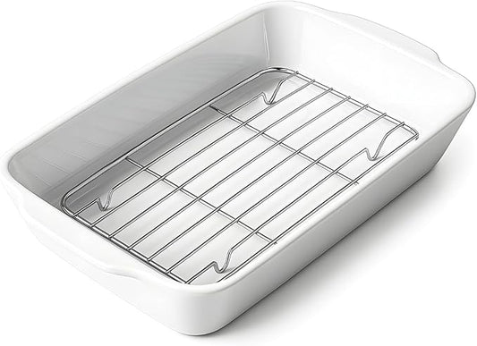 HOMBENE Casserole Dish with Roasting Racks, 3 QT Baking Dish with Handles, White Bakeware, Ceramic Baking Pan, Microwave Oven Safe, Dinner, Wedding (13.6"*8.7") by HOMBENE