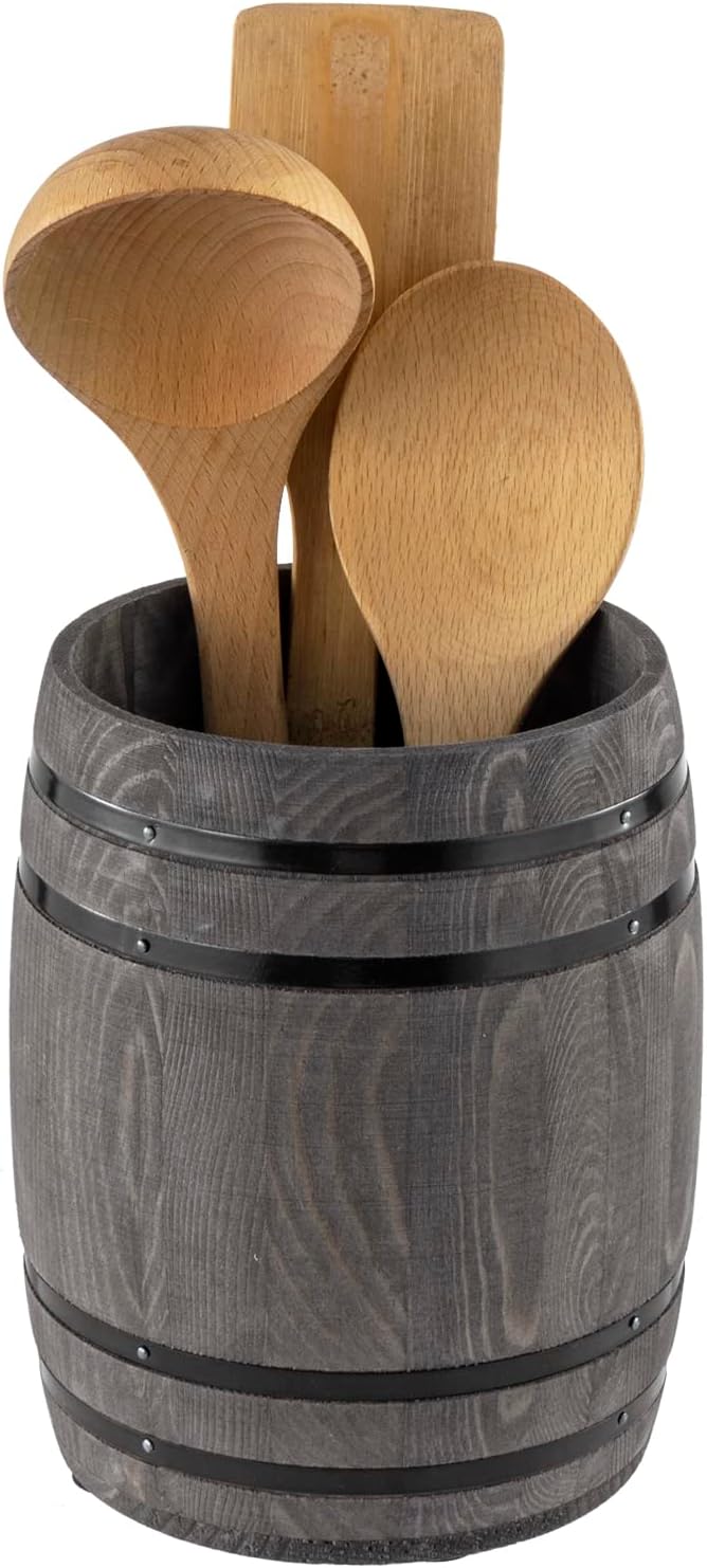 MyGift Wine Barrel Design Kitchen Utensil Crock, Vintage Gray Solid Wood Cooking Tool Holder by MyGiftHome