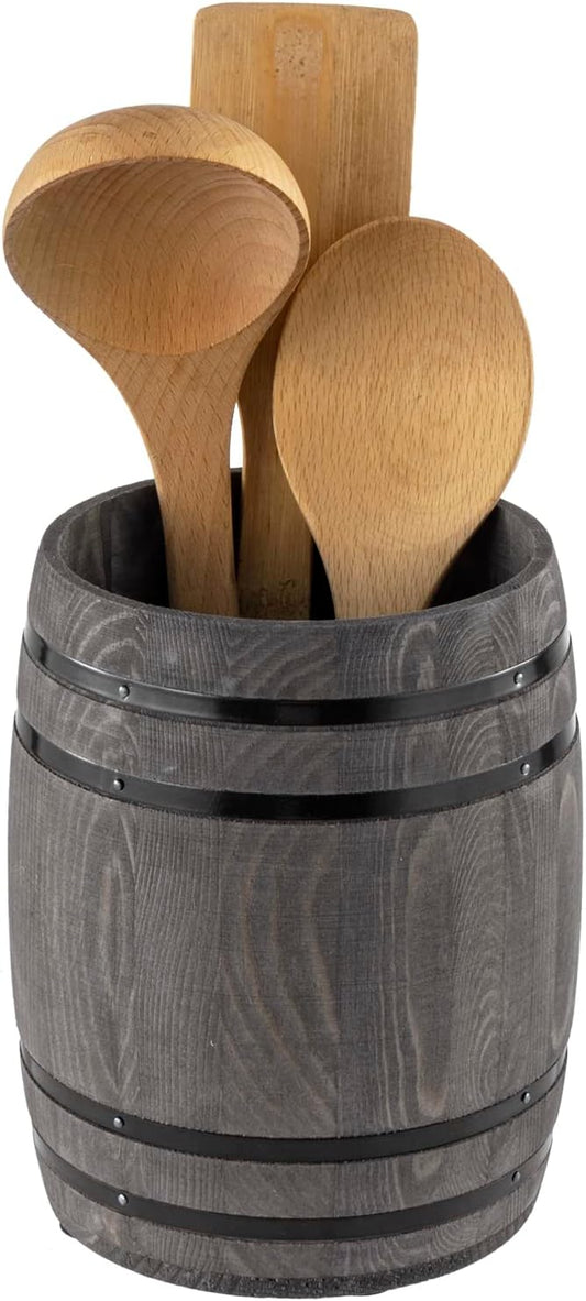 MyGift Wine Barrel Design Kitchen Utensil Crock, Vintage Gray Solid Wood Cooking Tool Holder by MyGiftHome