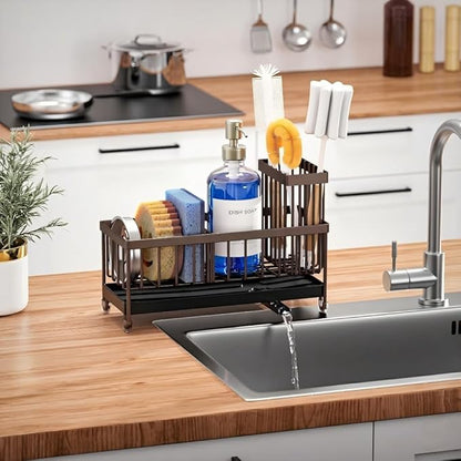 Cisily Brown Sponge Holder for Kitchen Sink, Sink Caddy Organizer with High Brush Holder, Kitchen Countertop Organizers and Storage Essentials, Rustproof 304 Stainless Steel, Soap Dispenser Organize - Image 6