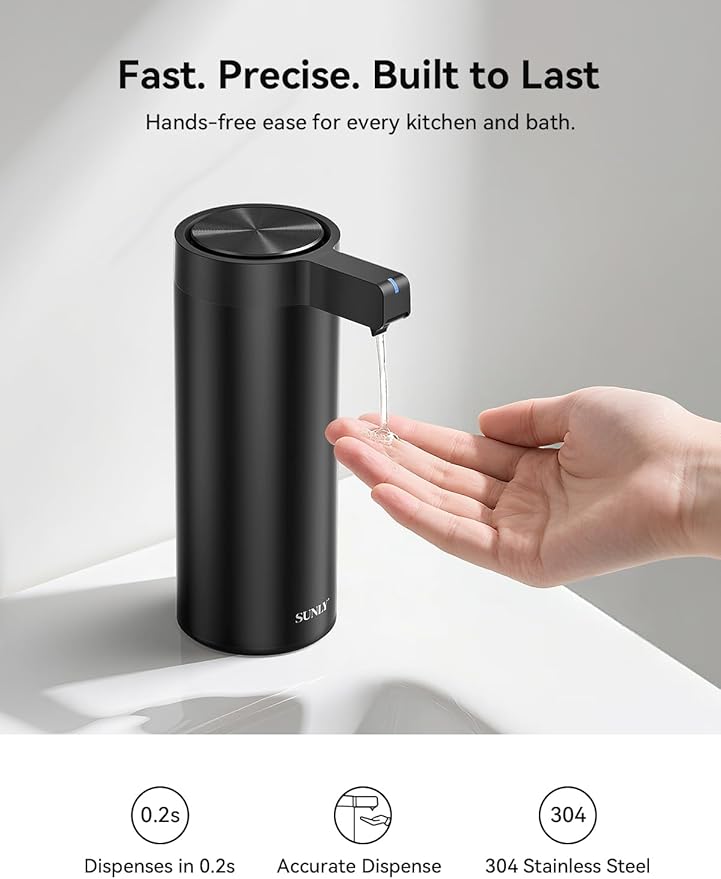SUNLY Touchless Automatic Soap Dispenser – Clog-Free Pump, 0.2s Fast Sensor, USB-C Rechargeable, Smudge-Resistant Stainless Steel, for Kitchen & Bathroom Soap Dispenser, Black - Image 2