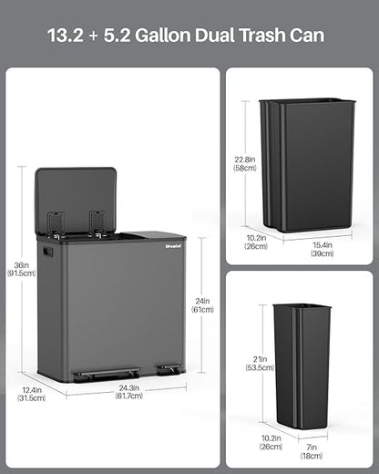 Dual Trash and Recycling Bins for Kitchen, 13.2 + 5.2 Gal (50+20L) Stainless Steel Trash and Recycle Bin Combo with Soft-Close Lid, Large Garbage Cans for Kitchen Home with 2 Magnets Sticker, Grey