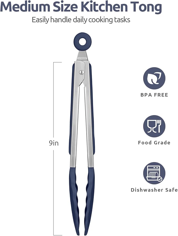 600ºF Heat Resistant Kitchen Tongs: U-Taste 9 in Silicone Cooking Tong with Firm Sealed Non Stick Rubber Tips & Silicon Coated 18/8 Stainless Steel Handle & Smooth Lock for Serving Grill-Midnight Blue - Image 2