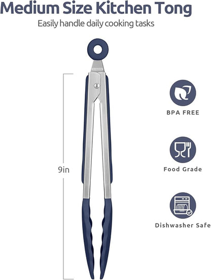 600ºF Heat Resistant Kitchen Tongs: U-Taste 9 in Silicone Cooking Tong with Firm Sealed Non Stick Rubber Tips & Silicon Coated 18/8 Stainless Steel Handle & Smooth Lock for Serving Grill-Midnight Blue - Image 2