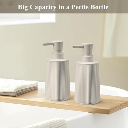 Beige 2 Pack Hand Soap Dispensers Set with No Rust Pump for Bathroom and Kitchen Countertops Refillable Matte Striped Plastic 8.5 oz